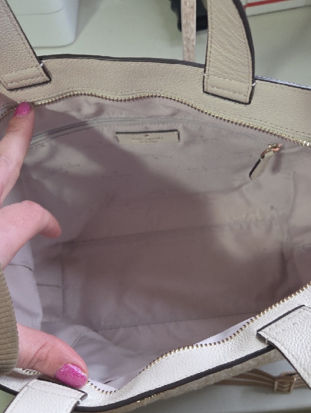 kate spade cream shearling tote with striped adjustable strap - Picture 2 of 6